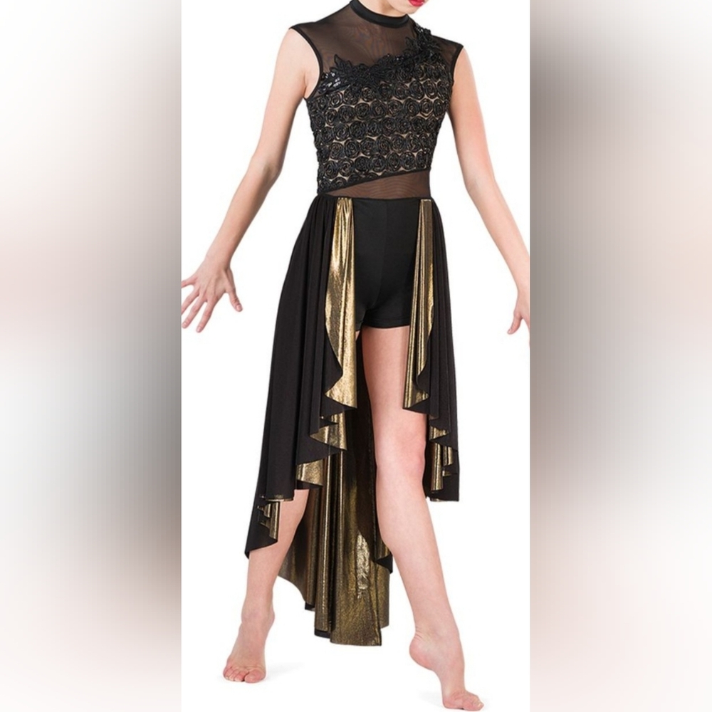 Elegant Black and Gold Lyrical Contemporay Dance Costume M
